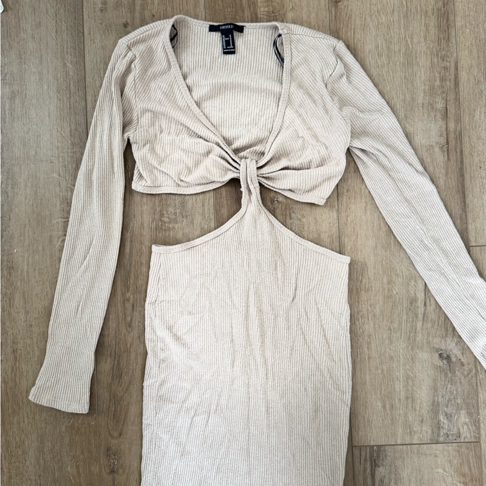 Forever 21 Beige Ribbed Cutout Midi Dress